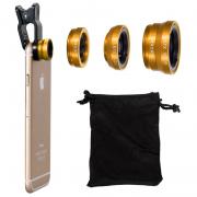 Clip 180 Degree Fish Eye Lens + Wide Angle + Micro Lens Kit for iPhone Samsung cell phone Gold