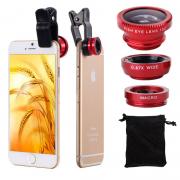 Clip 180 Degree Fish Eye Lens + Wide Angle + Micro Lens Kit for iPhone Samsung cell phone Red